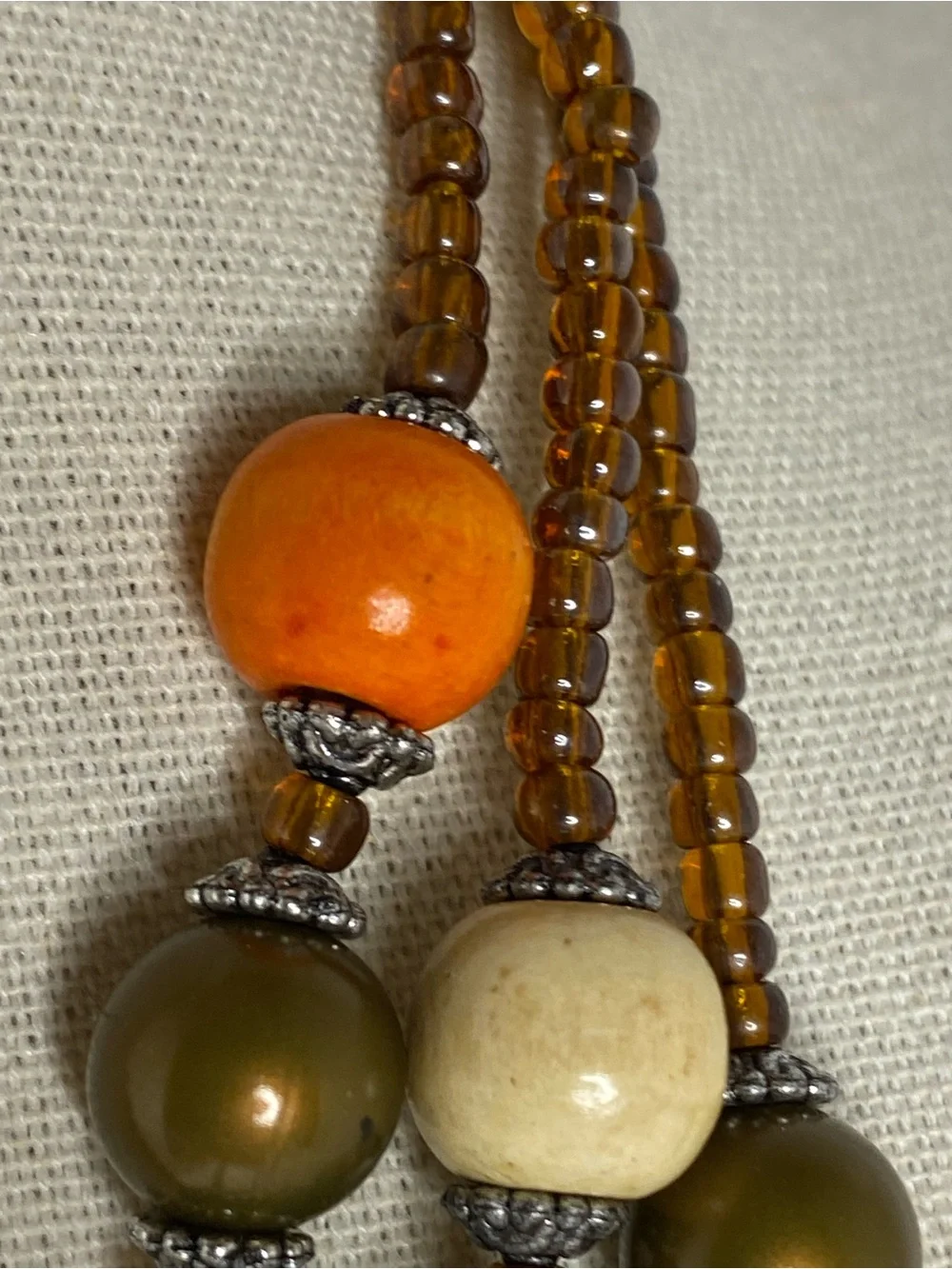 Wood Bead Multi Strand Necklace Boho Orange Blue Green Cream Artisan Handmade